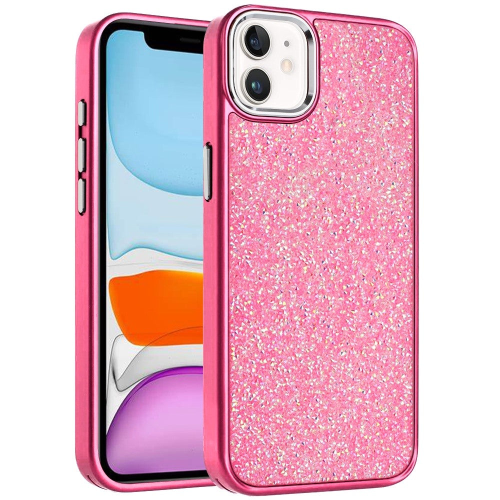 Phone Case for Apple iPhone 11 Crystal Glass Bling Diamond Metallic Edge Shockproof Durable Protective Clear Hybrid Stylish Premium Design Cover Hotpink