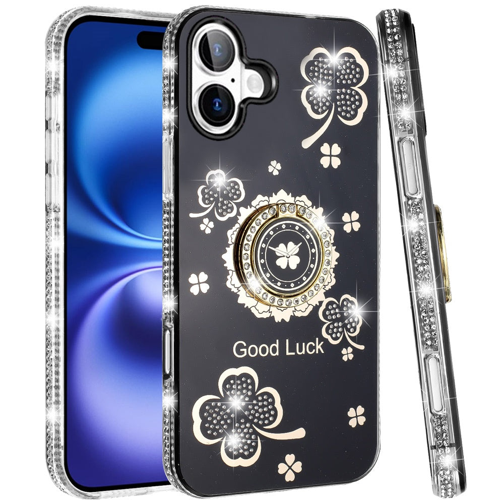 For Apple iPhone 17 (6.3") Diamonds Bling All Around Edges Sparkly Glitter Hybrid with Ring Stand Holder Fashion Good Luck Case Cover