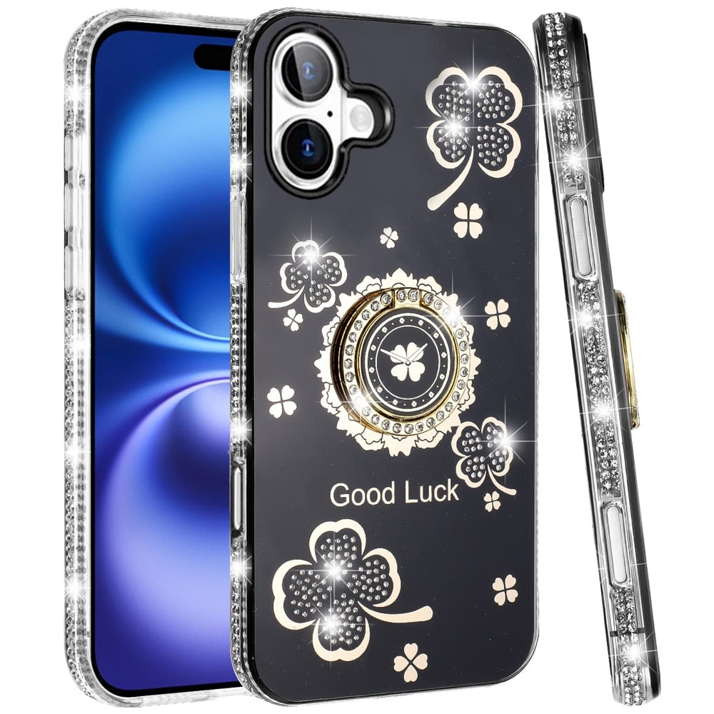 For Apple iPhone 17 (6.3") Diamonds Bling All Around Edges Sparkly Glitter Hybrid with Ring Stand Holder Fashion Good Luck Case Cover