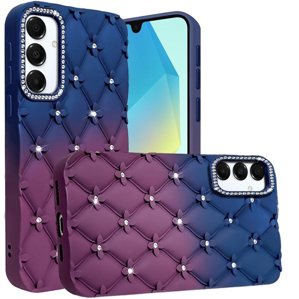 For Samsung Galaxy A16 5G Fashion Flower Design Sparkle Glitter Shimmer Rhinestone Bling Floral Accents, Leather Texture TPU Case Cover