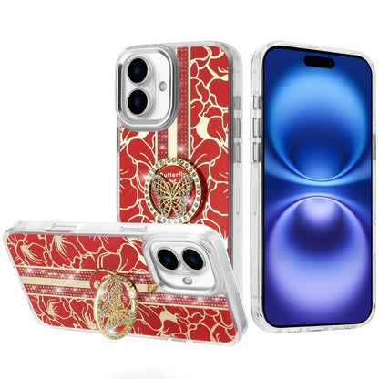 For Apple iPhone 17 (6.3") Diamonds 3D Butterfly Floral Design Bling Sparkly Glitter Hybrid Metal Fashion with Ring Stand Case Cover