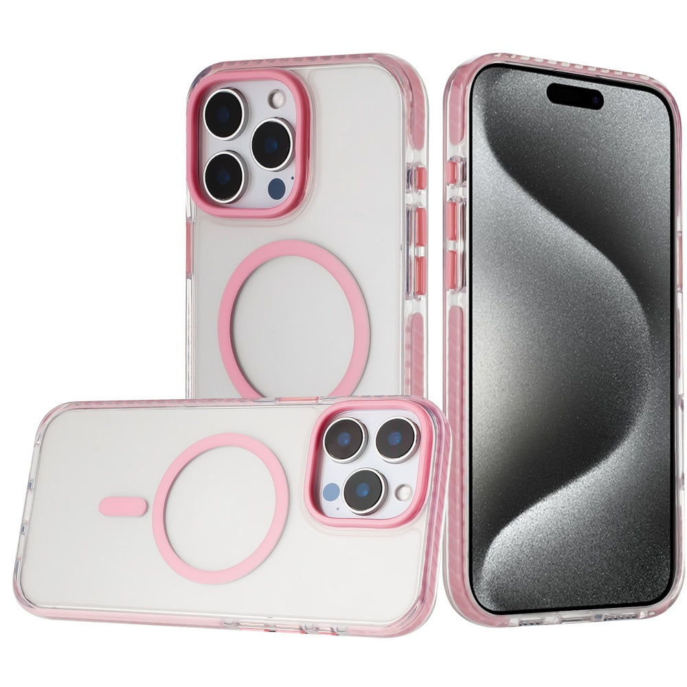 For Apple iPhone 15 Pro Max Transparent Hybrid with Color-Matched Magnetic Circle, Rubber TPU Frame Hard PC Shockproof Case Cover