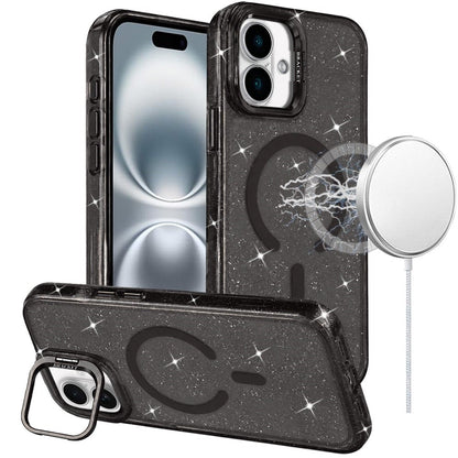 Phone Case for Apple iPhone 16 Bling Sparkle Glitter Design Magnetic back Hybrid with Metal Camera Stand, Decorative Glitter Design TPU Protective Cover Black