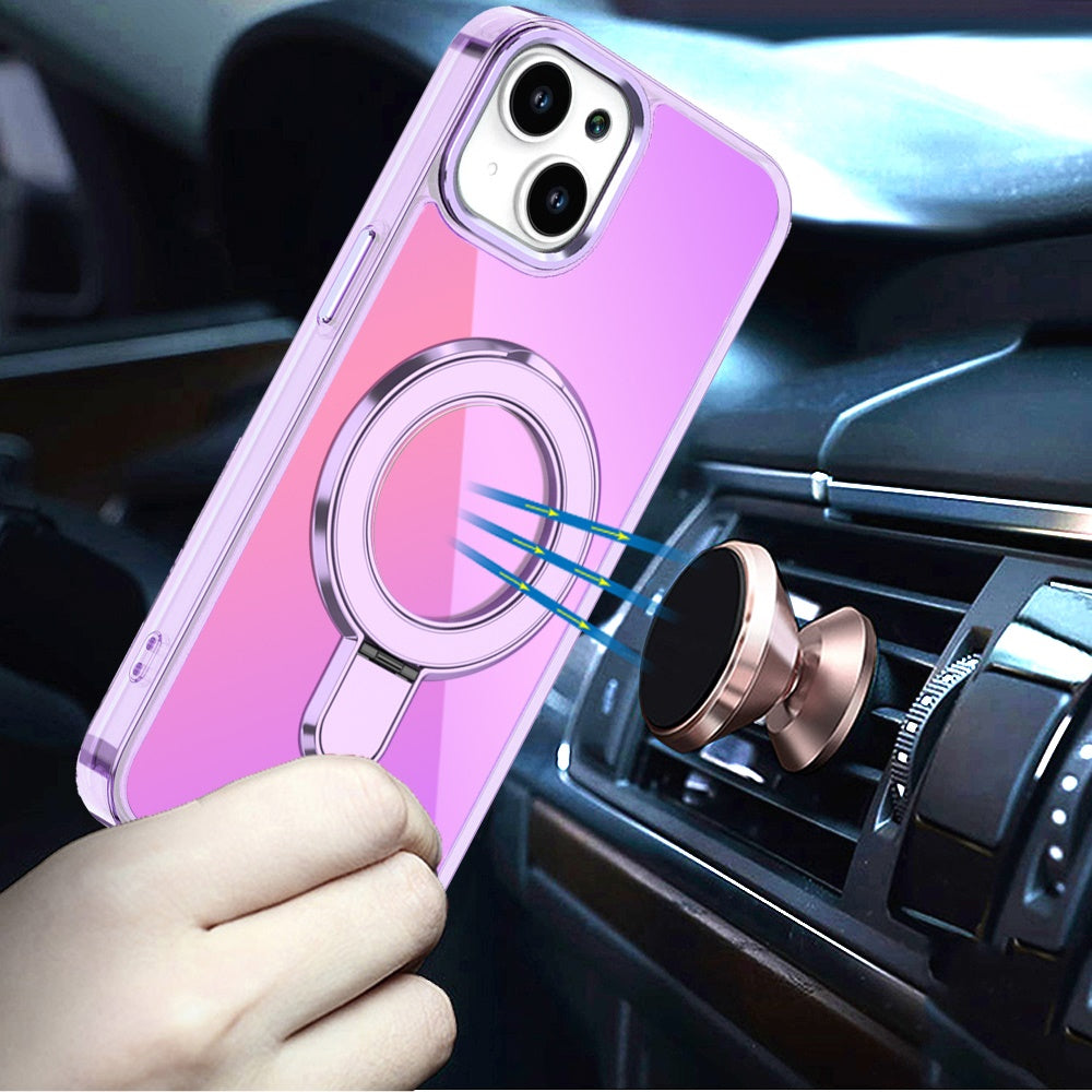 Phone Case for Apple iPhone 14/ iPhone 13 Chrome Magnetic Ring Stand Rotational Shockproof Hybrid Kickstand Metal Finish Rugged Drop Protection Armor Cover Purple