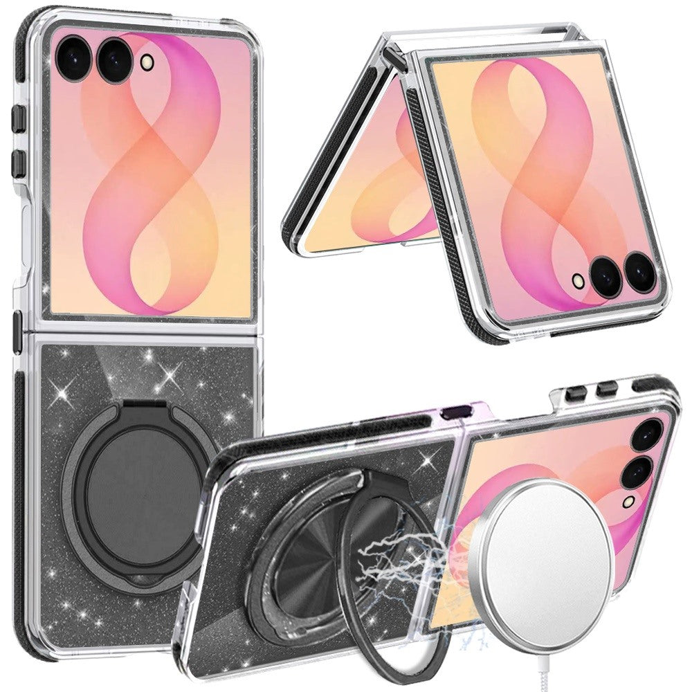 Phone Case for Samsung Galaxy Z Flip 8 Magnetic Hybrid 360 Rotating Ring Kickstand Tough Hard PC Soft TPU Glitz Shimmer Glitter Shock Absorbing Cover