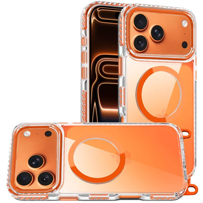 For Apple iPhone 17 Pro (6.3") Clear Magnetic Frame PC Back Shockproof Protective Case with Detachable Lanyard Strap, Compatible with MagSafe Case Cover Cosmic Orange