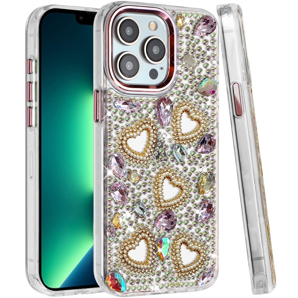 Phone Case for Apple iPhone 13 Pro Max Luxury Crystal Heart Rhinestone Diamond Bling Shockproof Hybrid Glitter Protective Stylish Durable Grip Cover