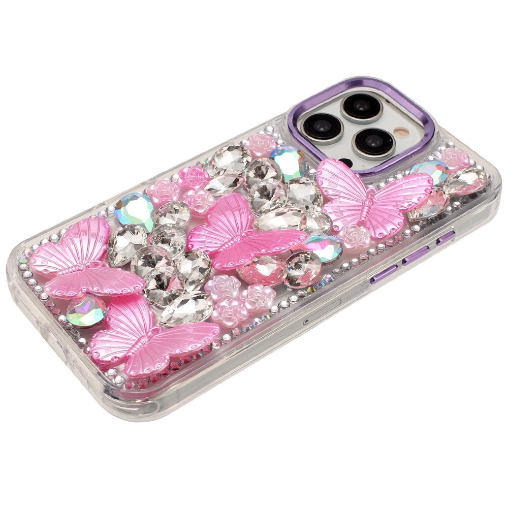 Phone Case for Apple iPhone 14 Pro Max Luxury 3D Floral Butterfly Bling Rhinestone Glitter Shockproof Stylish Protective Hybrid Designer Metallic Cover Purple