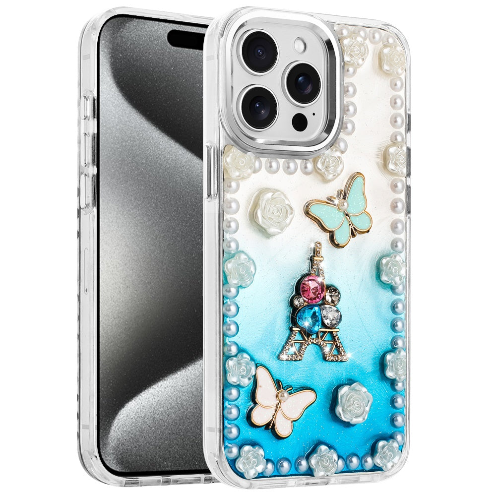For Apple iPhone 13 Pro Max Bling Fashion Design with 3D Pearls Epoxy Glitter Ornaments Chrome Edge Hard Slim PC Case Cover