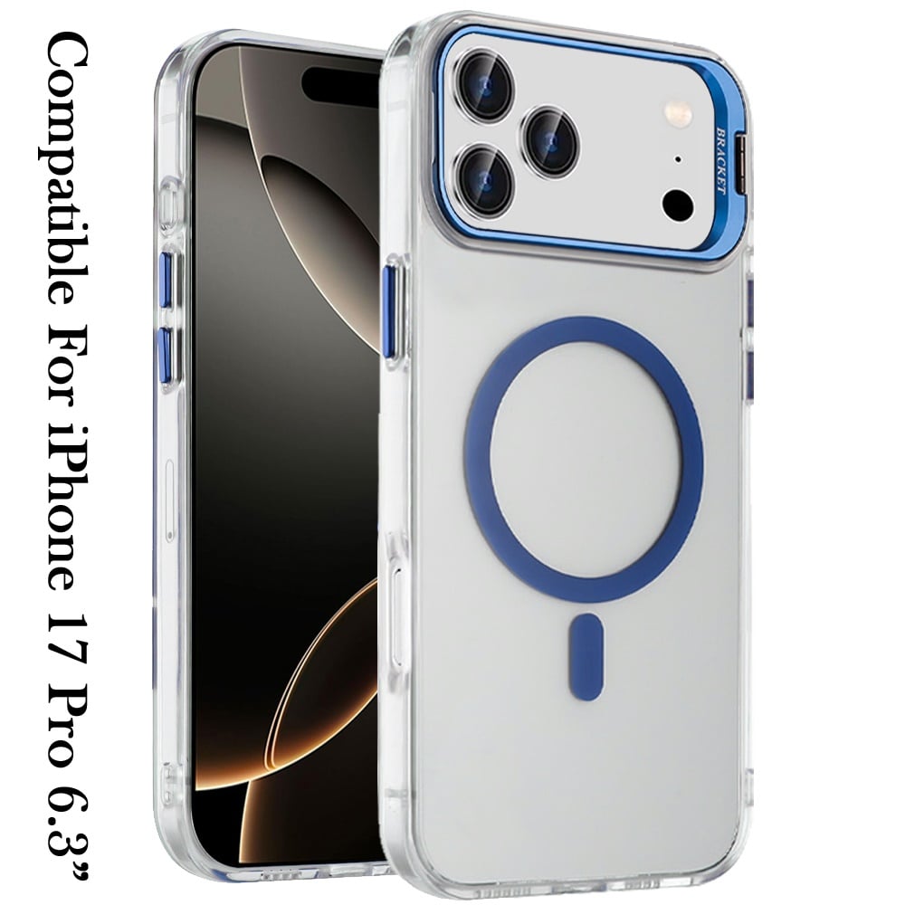 For Apple iPhone 17 Pro (6.3") Magnetic Back MagSafe Compatible Transparent Hybrid Drop Protection with Metallic Camera Stand Case Cover