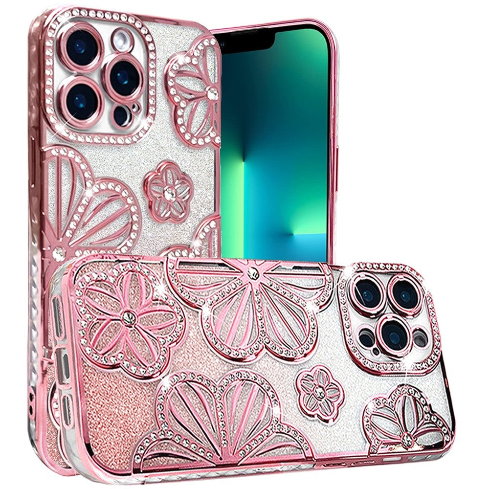 For Apple iPhone 13 Pro Max Luxury Flower Design Sparkle Glitter Diamond Rhinestone Shimmer Bling Plating Thick TPU Hard PC Case Cover