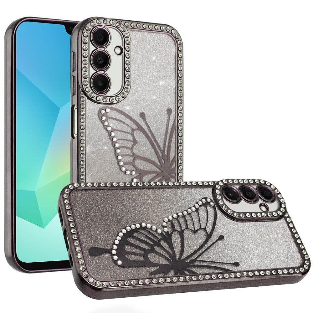 For Apple iPhone 17E /16E Butterfly Glitter Diamond Shimmer Hybrid Slim & Stylish Electroplated Sparkly Bling Shockproof TPU Protective Case Cover Black