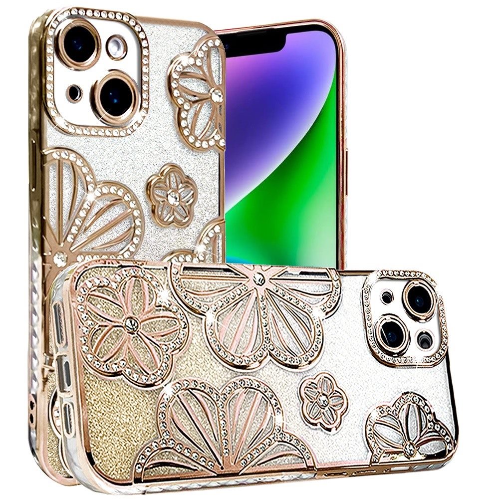 Phone Case for Apple iPhone 14/13 Shimmer Glitter Floral Thick TPU Shockproof Durable Grip Camera Protection Anti-Scratch Stylish Design Cover Gold