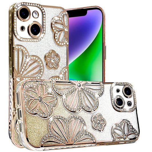 Phone Case for Apple iPhone 14/13 Shimmer Glitter Floral Thick TPU Shockproof Durable Grip Camera Protection Anti-Scratch Stylish Design Cover Gold