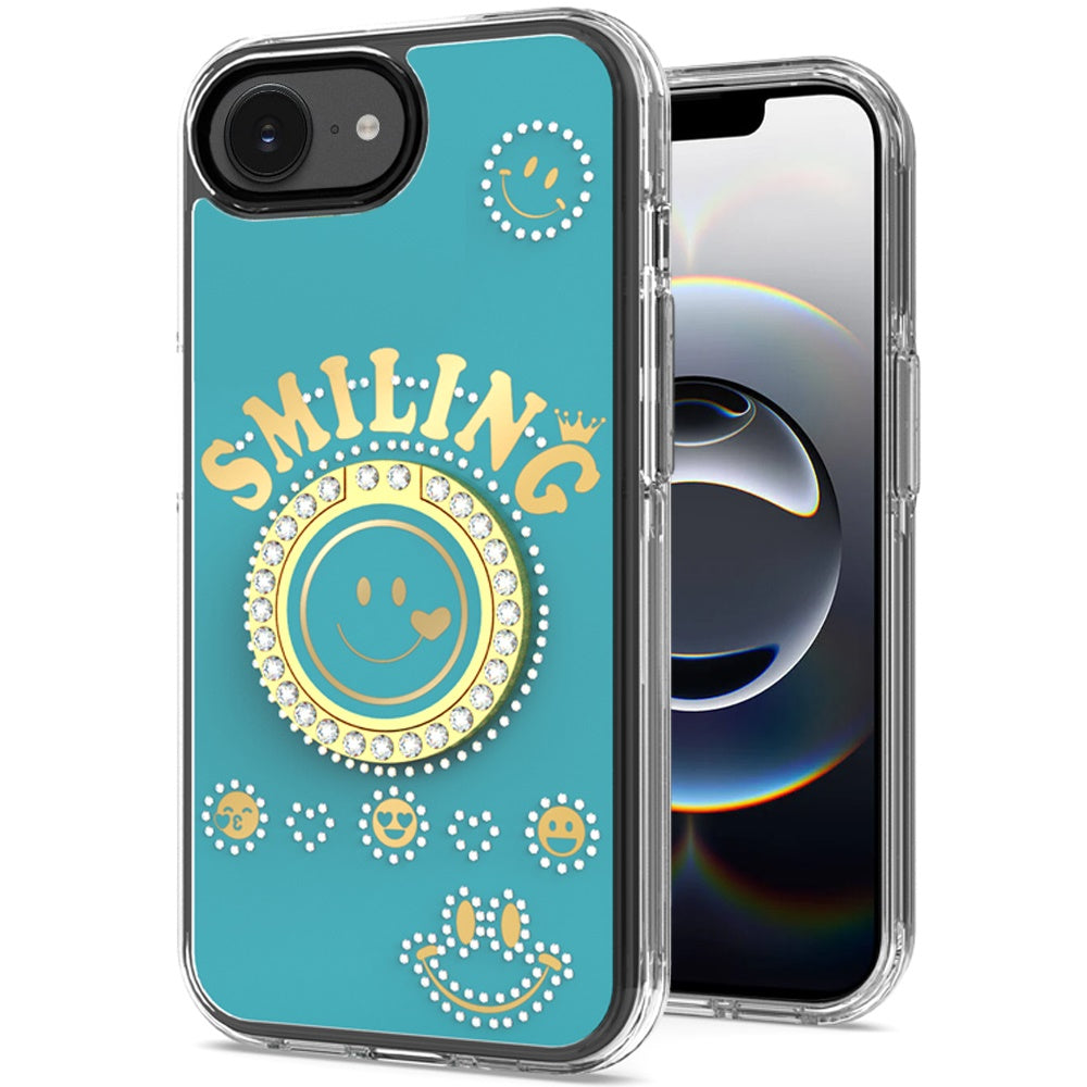 For Apple iPhone 17E /16E Smiling Glitter Bling Ornament Hybrid Shockproof Stylish Sparkle Design Secure Grip Durable Protection Case Cover Blue