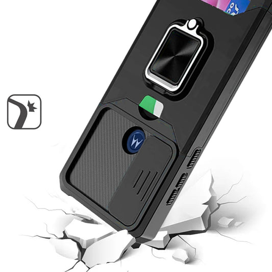 Phone Case for Moto G Play (2023) Card Holder Magnetic Ring Stand Shockproof Anti Slip Wallet Grip Protective Hybrid Design Cover Black