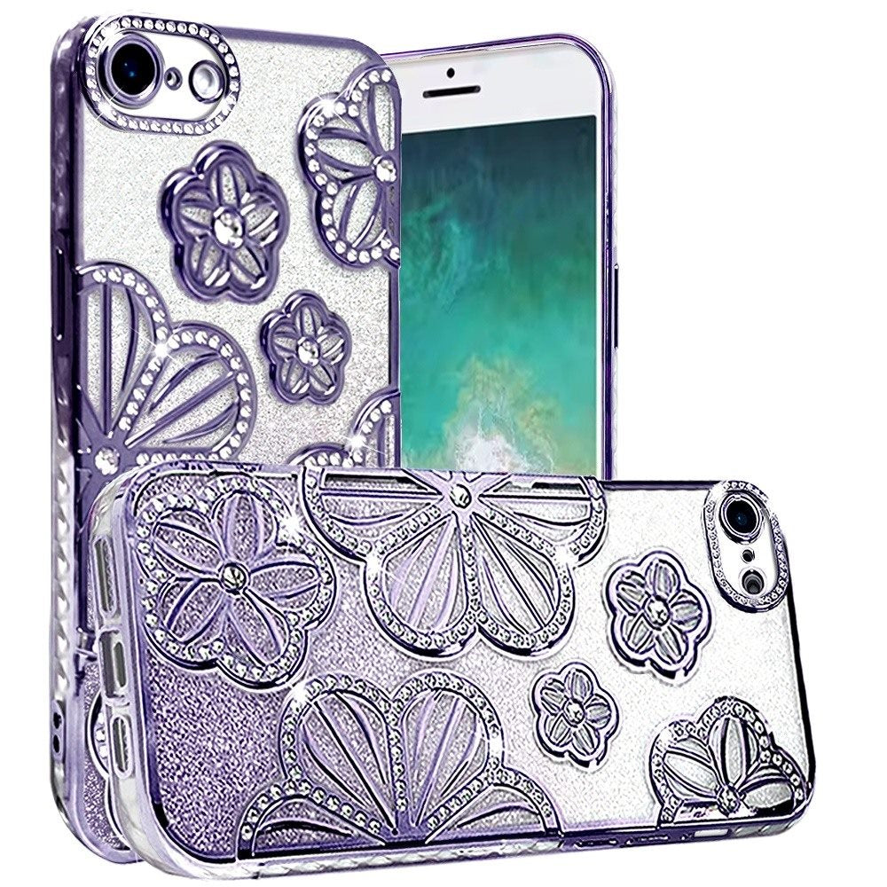 For Apple iPhone 17E /16E Luxury Flower Design Sparkle Glitter Diamond Rhinestone Shimmer Bling Plating Thick TPU Hard PC Case Cover