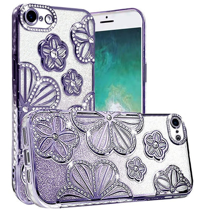 For Apple iPhone 17E /16E Luxury Flower Design Sparkle Glitter Diamond Rhinestone Shimmer Bling Plating Thick TPU Hard PC Case Cover