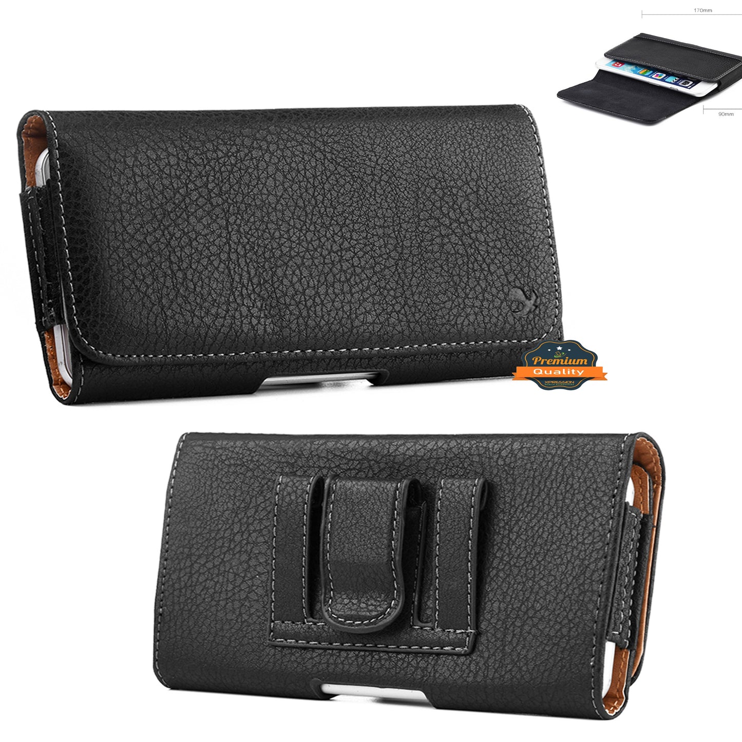 For Apple iPhone 16 (6.1") Universal Leather Case Belt Clip Holster with Clip and Loops Cell Phone Magnetic Carrying Pouch Horizontal (M) [Black]