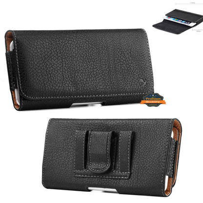 For Apple iPhone 16 (6.1") Universal Leather Case Belt Clip Holster with Clip and Loops Cell Phone Magnetic Carrying Pouch Horizontal (M) [Black]