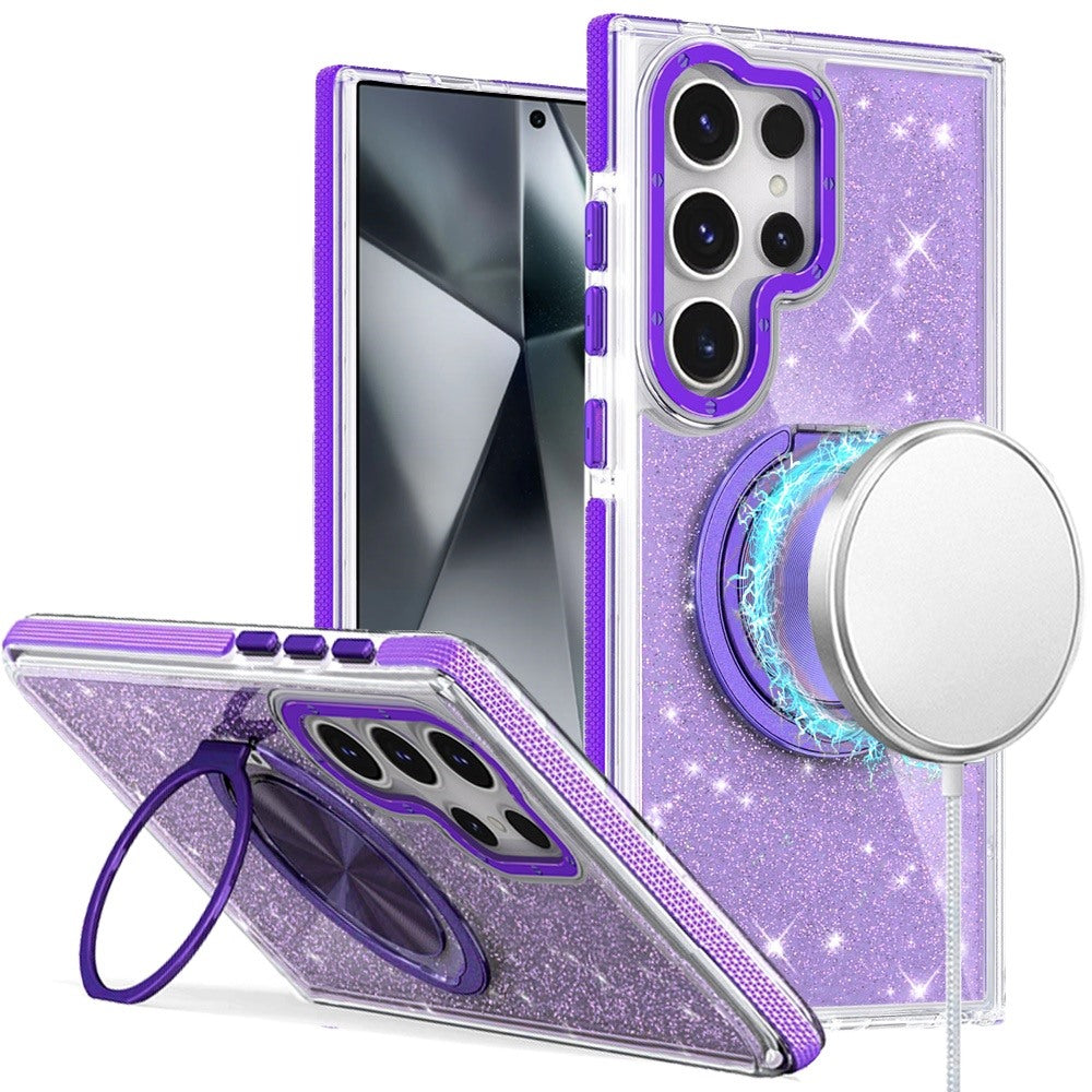 Phone Case for Samsung Galaxy S24 Ultra Magnetic Hybrid 360 Rotating Ring Kickstand Tough Hard PC Soft TPU Glitz Shimmer Glitter Shock Absorbing Cover Purple