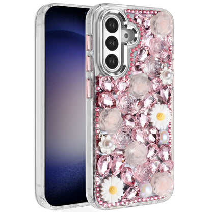 For Apple iPhone 16 Pro (6.3") Fashion Daisy Floral Series, Full 3D Bling Crystal Diamonds Sparkling Rhinestone Glitter Hybrid Design Case Cover Pink