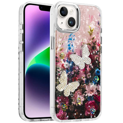 Phone Case for Apple iPhone 14 /iPhone 13 Glitter Butterfly Design Metal Buttons Shockproof Hybrid TPU + PC Durable Protective Slim Grip Stylish Cover