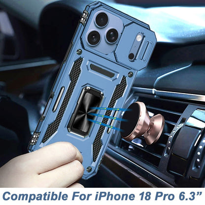 Phone Case for Apple iPhone 18 Pro Tough Metal Ring Shockproof Sliding Camera Window Hybrid Armor Rugged Anti Slip Heavy Duty Grip Cover Blue