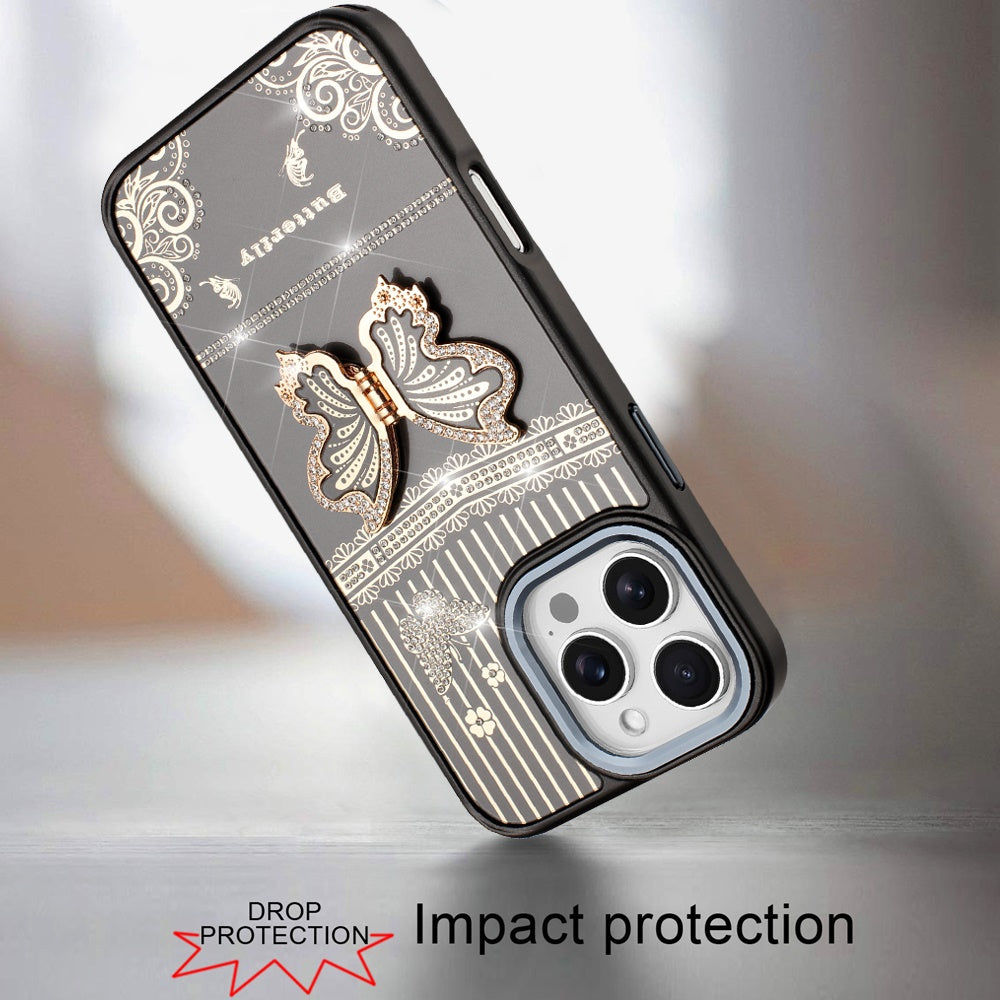 For iPhone 16 Pro Max (6.9") Glitter 3D Butterfly Design Bling Metallic Edge Hybrid Stand Drop Protection TPU Shockproof Protector
