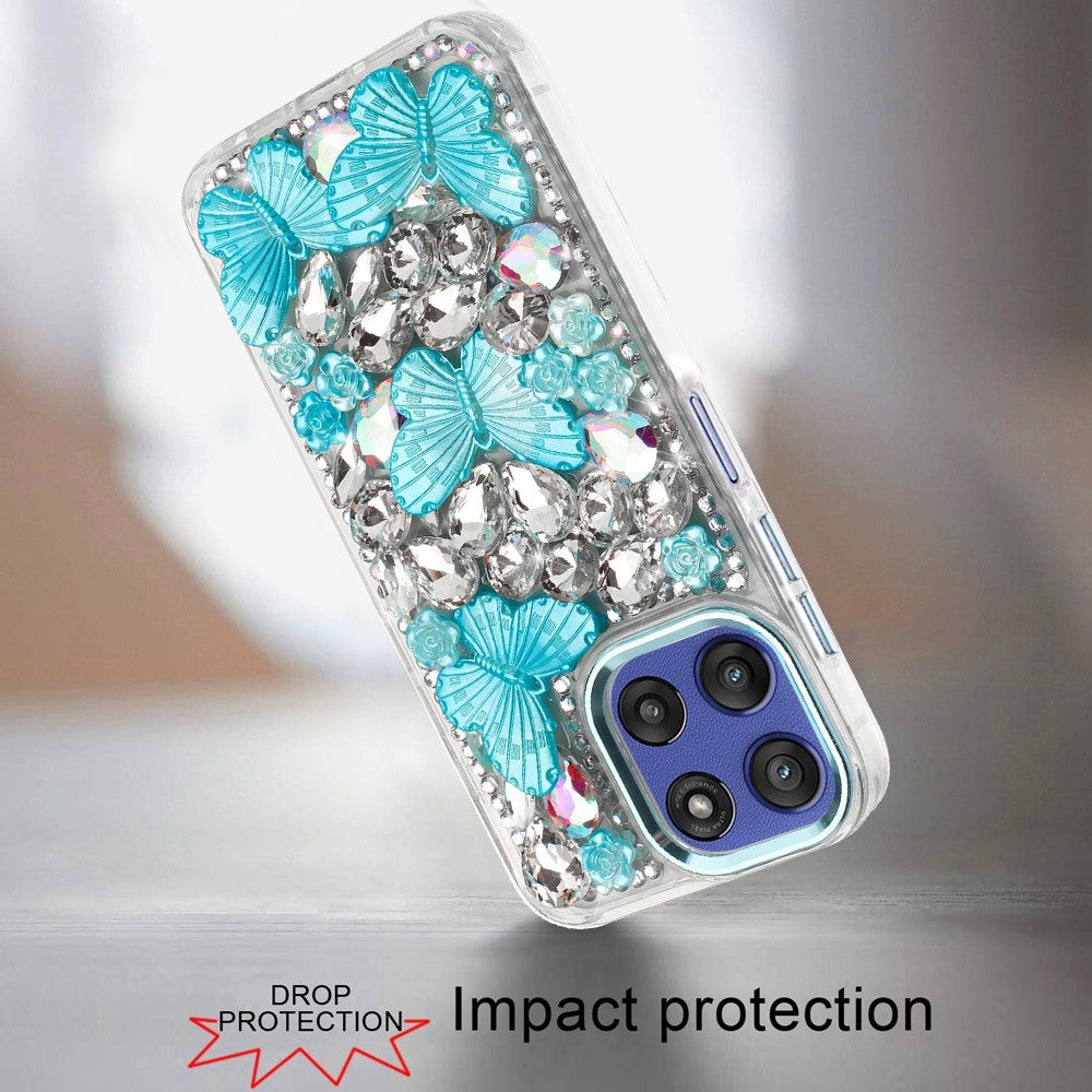 For Motorola Moto G Power 5G 2026 /2025 3D Diamond Floral Butterfly Bling Stone Hybrid, Sparkly Rhinestone Gemstone Back Shockproof Case Cover Purple