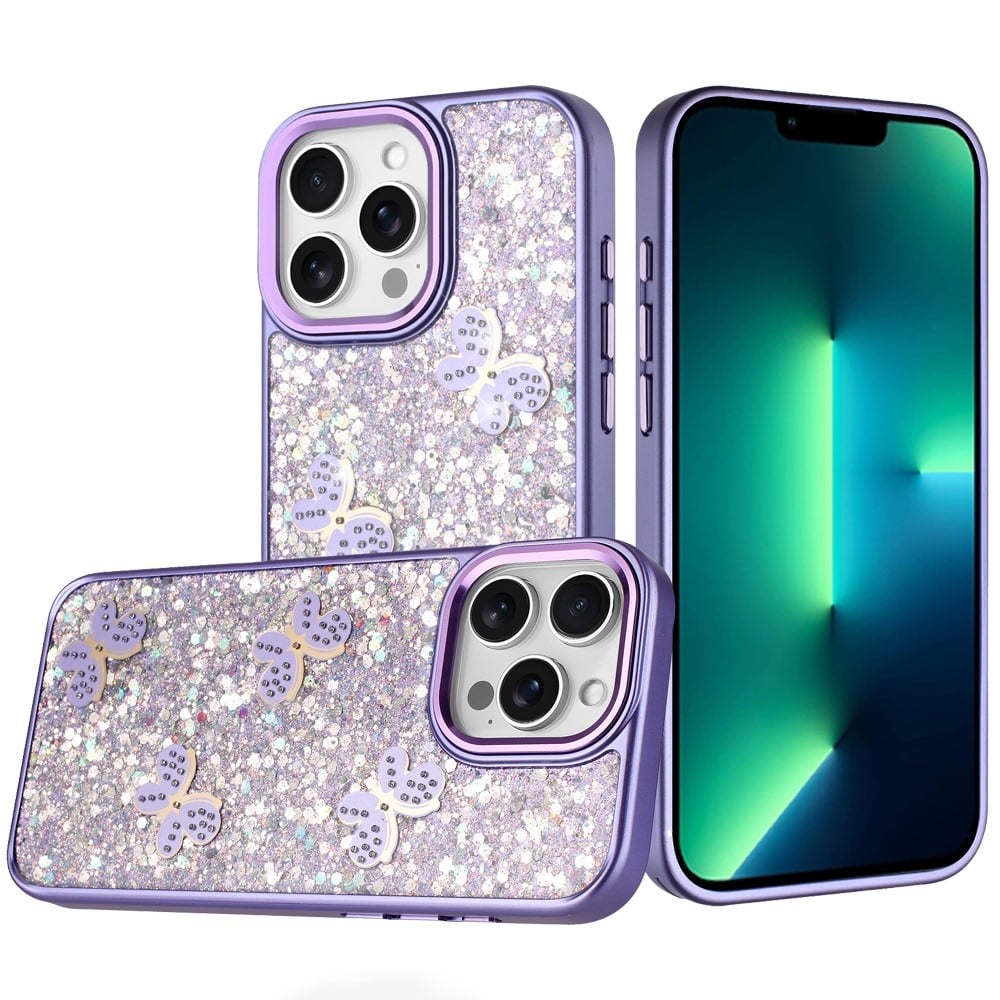 For Apple iPhone 13 Pro Max Cute Butterfly Crystal Diamond Glitter Case Sparkle Bling Frame Metallic Edges, Shimmer TPU Hybrid Case Cover Teal
