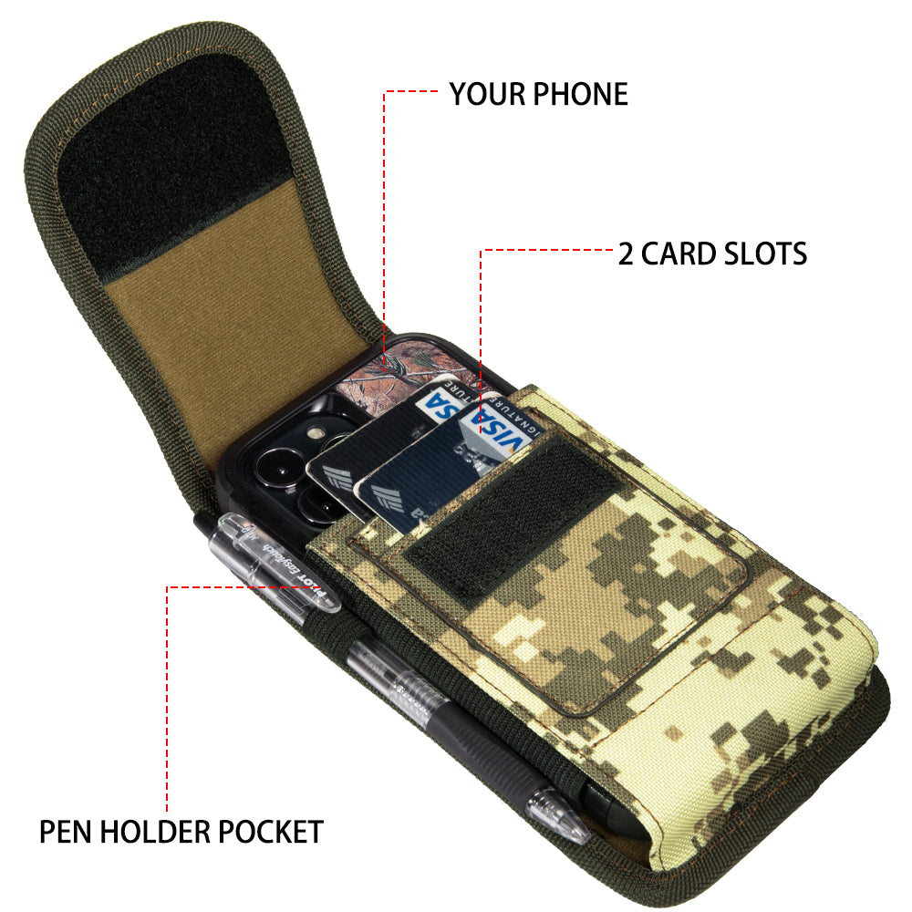 For Apple iPhone 16 Pro (6.3") Universal Pouch Case Vertical Phone Holster Camouflage with Card Slots, Pen Holder, Belt Clip Loop & Hook Cover [Army Camo]