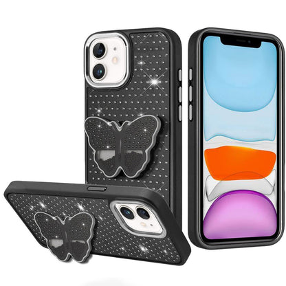 Phone Case for Apple iPhone 11 Butterfly Grip Pop Stand Diamond Sparkle Hybrid Shockproof Metal Button Slim Protective Grip Decorative Design Cover