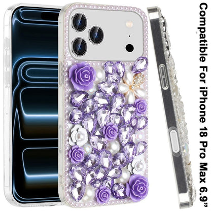Phone Case for Apple iPhone 18 Pro Max/ 17 Pro Max Rose Flower Full Diamond Bling Rhinestone Glitter Luxury Stylish Sparkle Protective Designer Hybrid Cover
