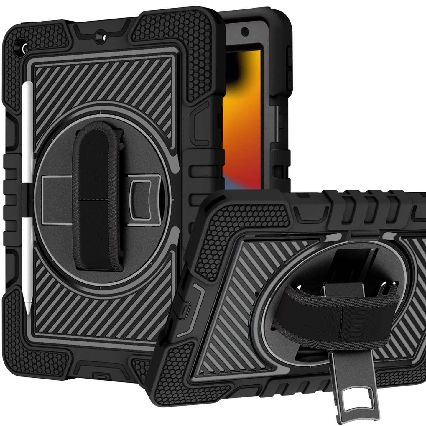 Tablet Case for Apple iPad 9th 8th 7th Gen (10.2 inch) Multi Functional 3in1 Kickstand Hand Strap Shoulder Strap Pencil Holder Heavy Duty Shock Absorbing Rugged TPU Cover Black