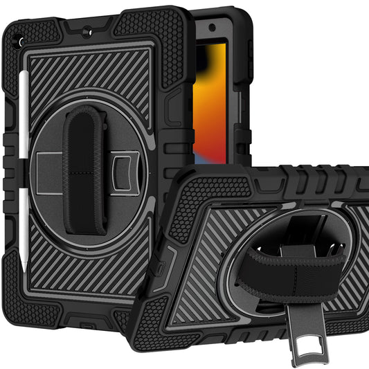 Tablet Case for Apple iPad 9th 8th 7th Gen (10.2 inch) Multi Functional 3in1 Kickstand Hand Strap Shoulder Strap Pencil Holder Heavy Duty Shock Absorbing Rugged TPU Cover Black