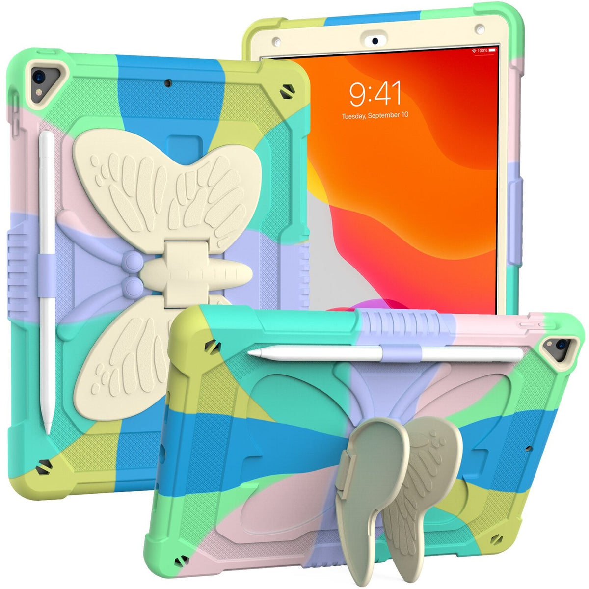 Tablet Case for Apple iPad 9th 8th 7th Gen (10.2 inch) Butterfly Kickstand Hybrid 3D Design Heavy Duty Shockproff Kids Rubber Shock Absorbing Reinforced Corners Cover Green