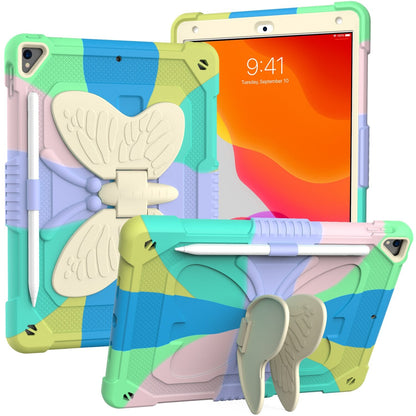 Tablet Case for Apple iPad 9th 8th 7th Gen (10.2 inch) Butterfly Kickstand Hybrid 3D Design Heavy Duty Shockproff Kids Rubber Shock Absorbing Reinforced Corners Cover Green