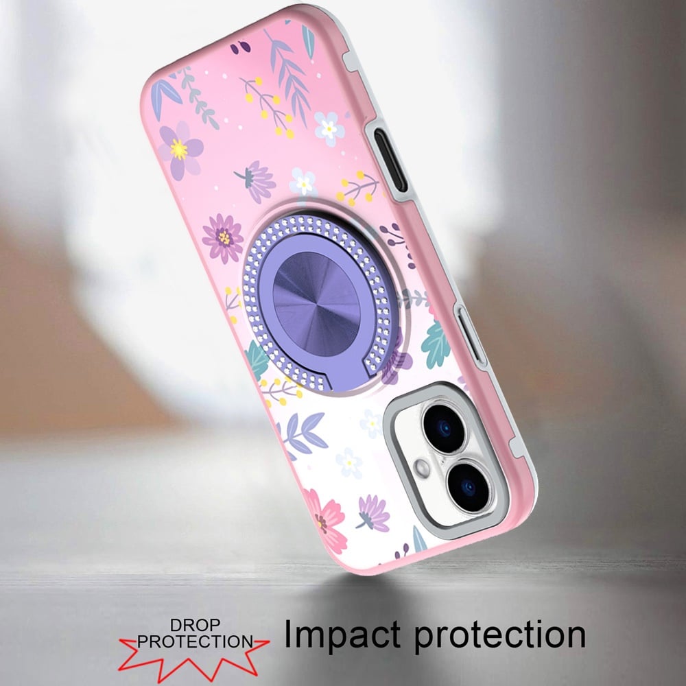 For iPhone 16 (6.1") Pattern Design Hybrid with Invisible Ring Stand & Magnetic Back, Shockproof Protective Grip Case Cover