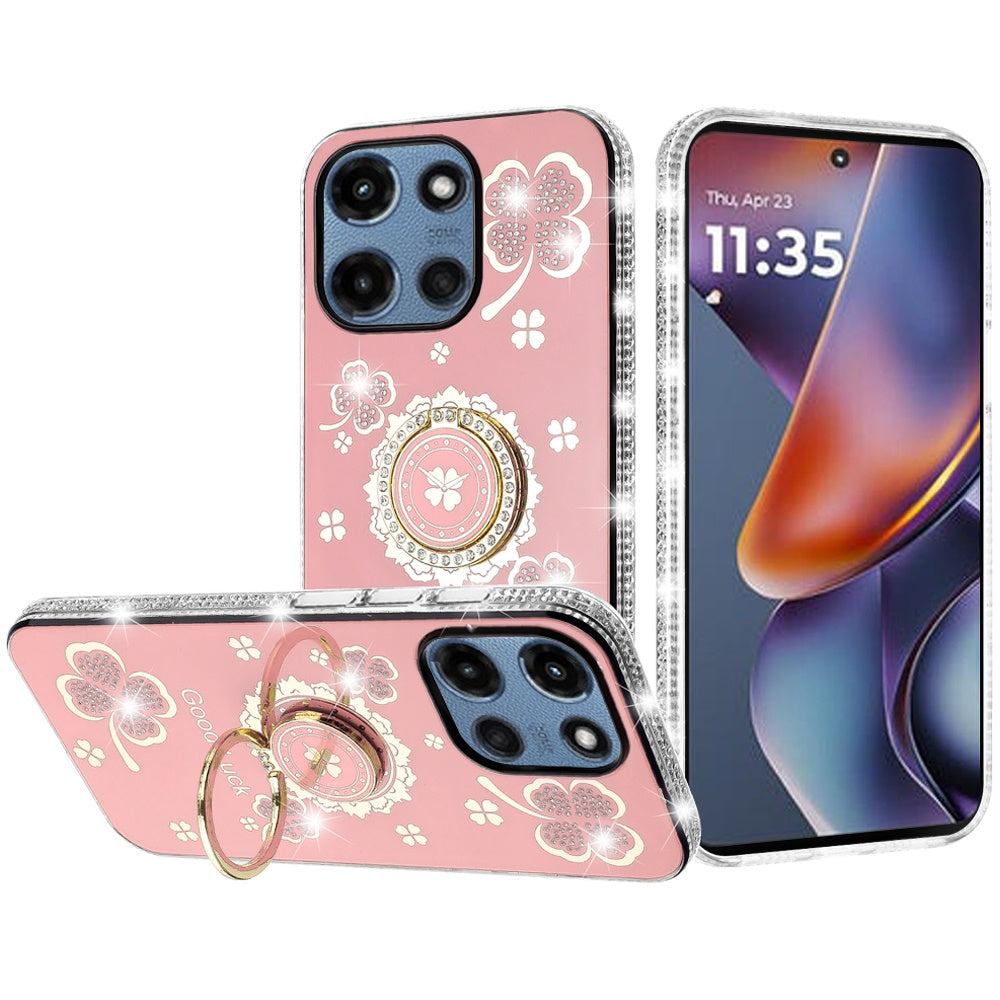 For Motorola Moto G Power 5G 2025 Diamonds Bling All Around Edges Sparkly Glitter Hybrid with Ring Stand Holder Fashion Good Luck Case Cover
