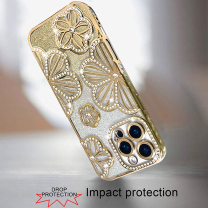 Phone Case for Apple iPhone 16 Pro Max Shimmer Glitter Floral Thick TPU Grip Cover Gold