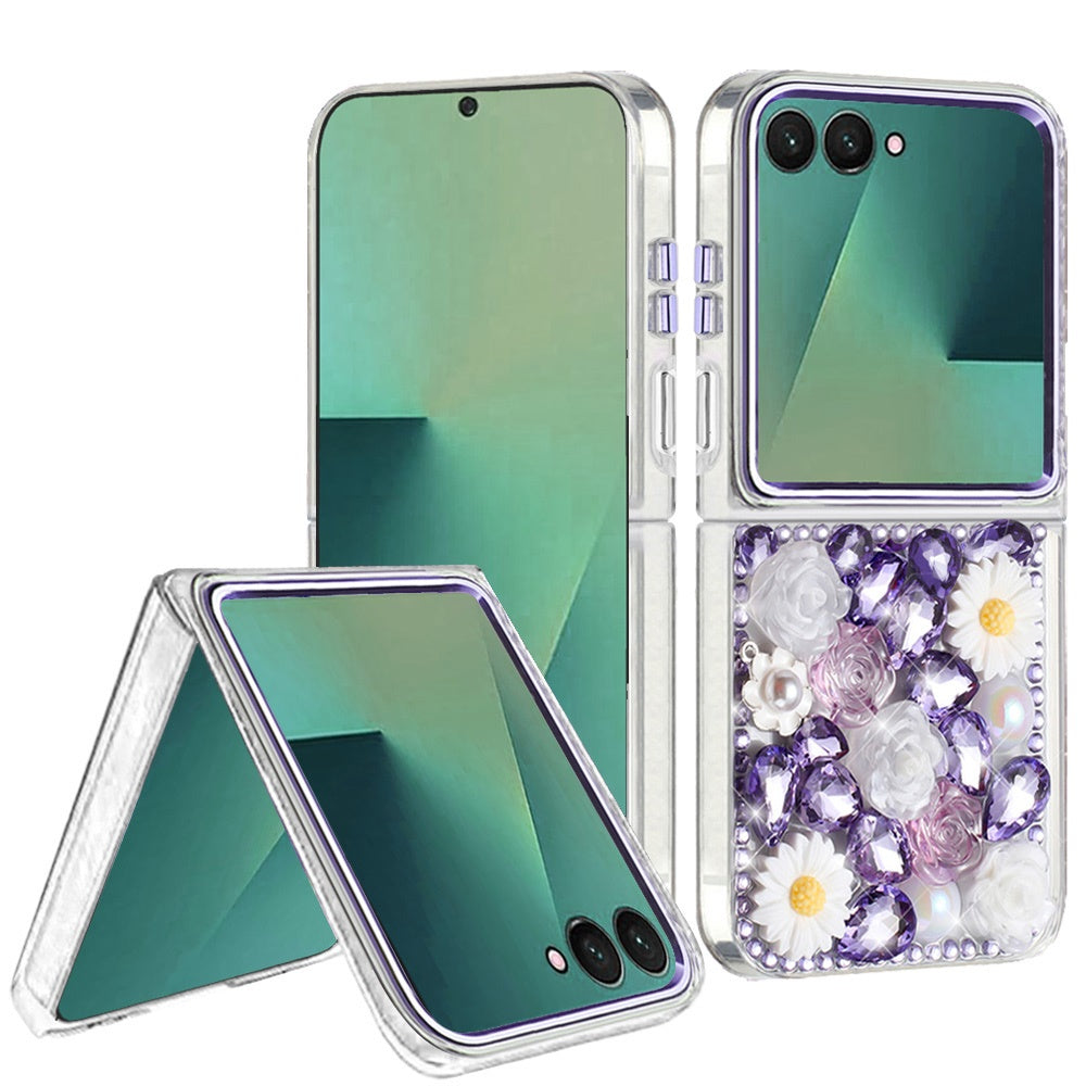 For Samsung Galaxy Z Flip 7 Fashion Daisy Floral Series, Full 3D Bling Crystal Diamonds Sparkling Rhinestone Glitter Hybrid Design Case Cover