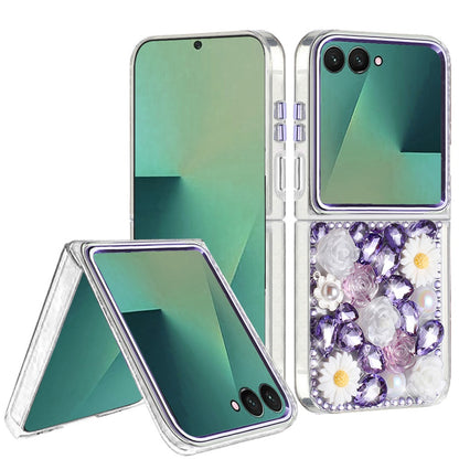 For Samsung Galaxy Z Flip 7 Fashion Daisy Floral Series, Full 3D Bling Crystal Diamonds Sparkling Rhinestone Glitter Hybrid Design Case Cover