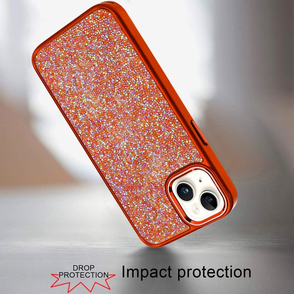 For iPhone 15 Plus (6.7") Crystal Sparkle Diamond Glass Full Mini Glitter Bling Frame TPU Hybrid Protective Case Cover Cosmic Orange
