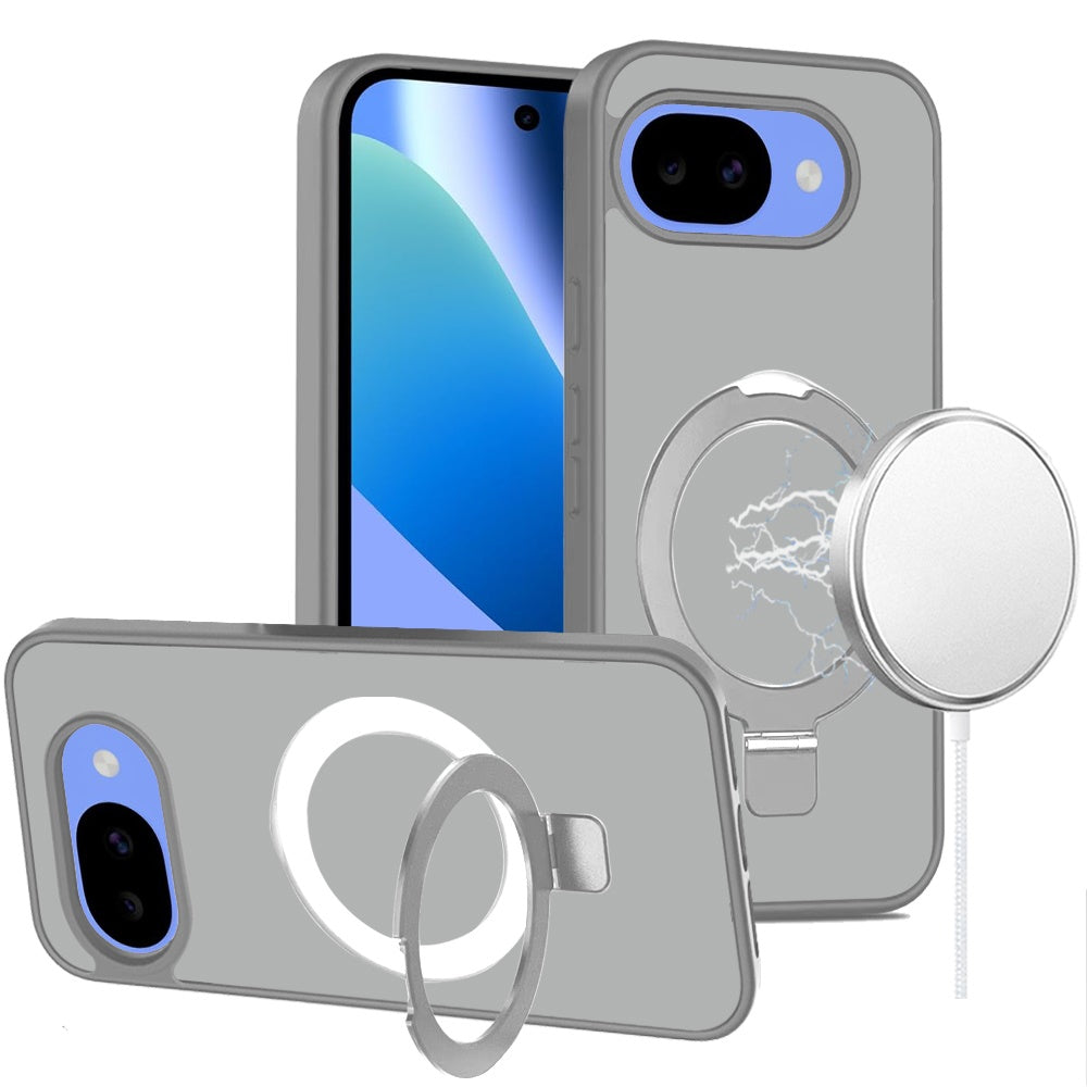 Phone Case for Google Pixel 10A Magnetic Ring Stand Full Rotation Matte Shockproof Grip Anti Slip Durable Camera Protection Hybrid Cover Grey