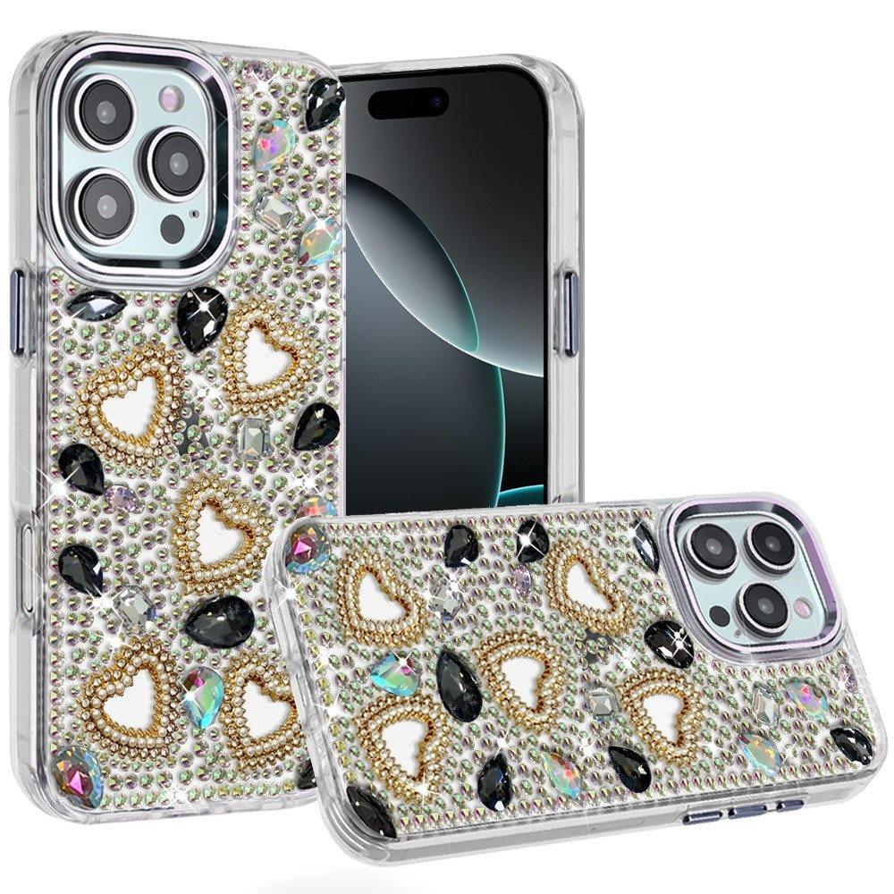Phone Case for Apple iPhone 16 Pro Max Luxury Crystal Heart Rhinestone Diamond Bling Shockproof Hybrid Glitter Protective Stylish Durable Grip Cover