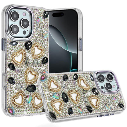 Phone Case for Apple iPhone 16 Pro Max Luxury Crystal Heart Rhinestone Diamond Bling Shockproof Hybrid Glitter Protective Stylish Durable Grip Cover