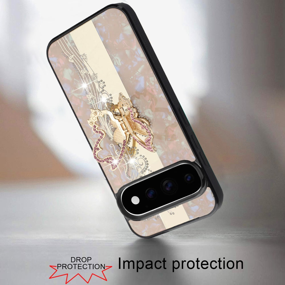 Phone Case for Google Pixel 11 /11 Pro Diamond Glitter Butterfly Engraved Ring Stand Luxury Bling Hybrid Shockproof Chrome Edge Protective Durable Grip Cover