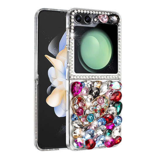 For Samsung Galaxy Z Flip 7 FE Bling Crystal 3D Full Diamonds Luxury Sparkle Rhinestone Hybrid Protective Case Cover Colorful Heart
