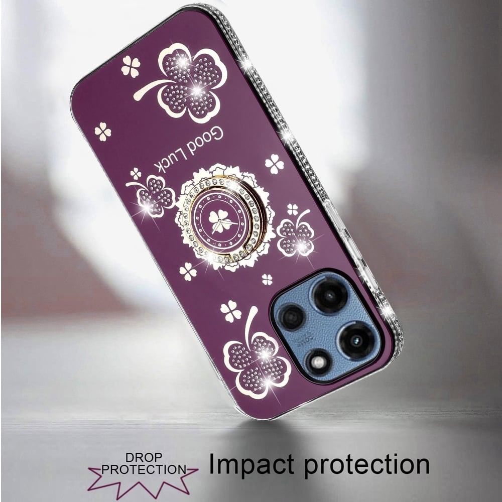 Phone Case for Motorola Moto G Play 5G 2026 Glitter Diamond Ring Stand Sparkle Rhinestone Edge AntiSlip Kickstand Luxury Fashion Bumper Shockproof Cover Purple